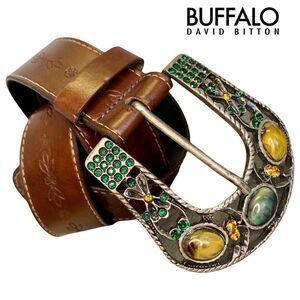 𝅺BUFFALO David Bitton green yellow Rhinestone Gem Embellished brown leather belt